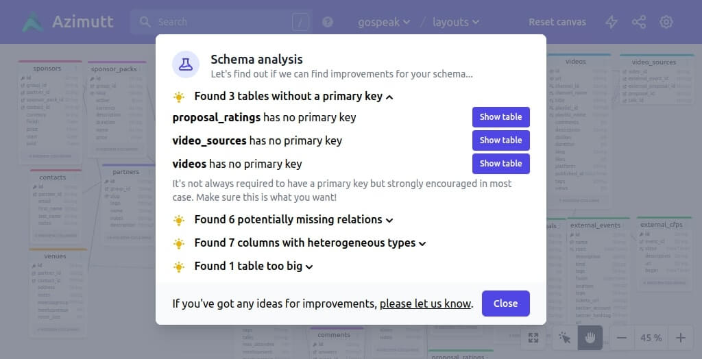 Azimutt analyzer, missing primary keys
